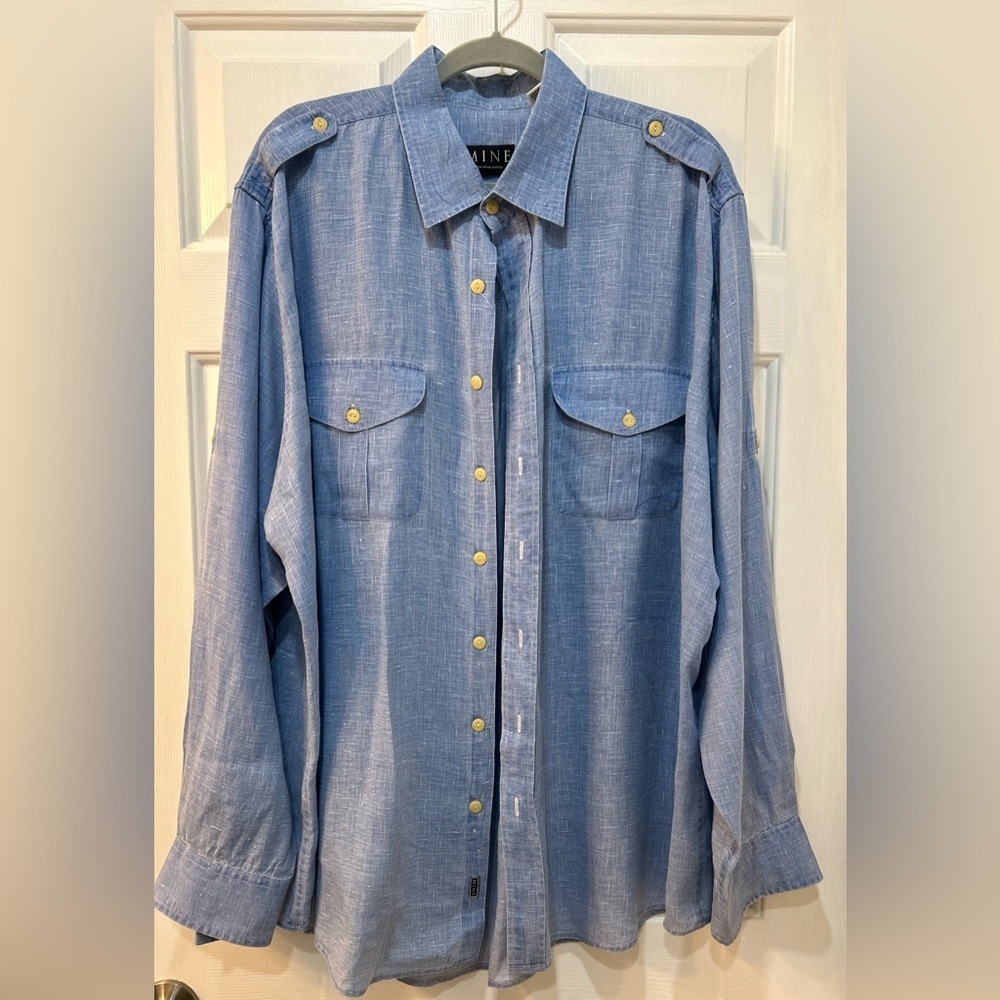 MINE Men's Blue Denim 100% Linen Shirt Sz XL Western Urban Vacation Button Front
